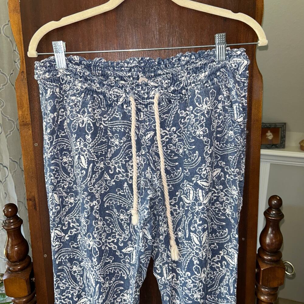 Roxy Women's Large Linen Blend Pants Blue beach flair Elastic Waist Boho - Picture 2 of 10